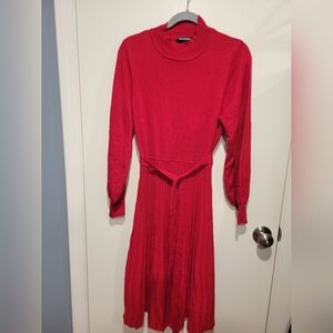 Nina Leonard Red A-Line Ribbed Dress